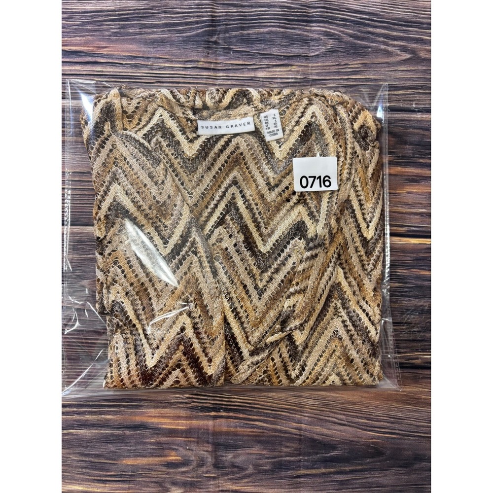 Susan Graver Knit Cardigan Womens XL Gold Brown Zig Zag Print Open Front - Picture 12 of 12